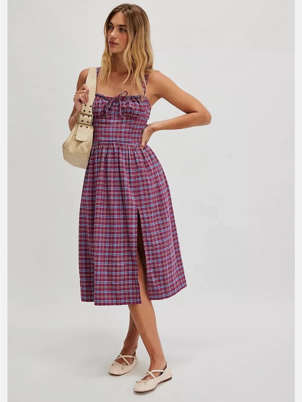Free People Laters Baby Midi Dress Size M Plum Combo Check